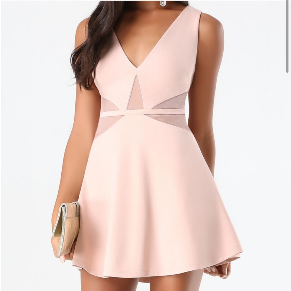 BEBE Mesh Inset Deep V Neck Dress